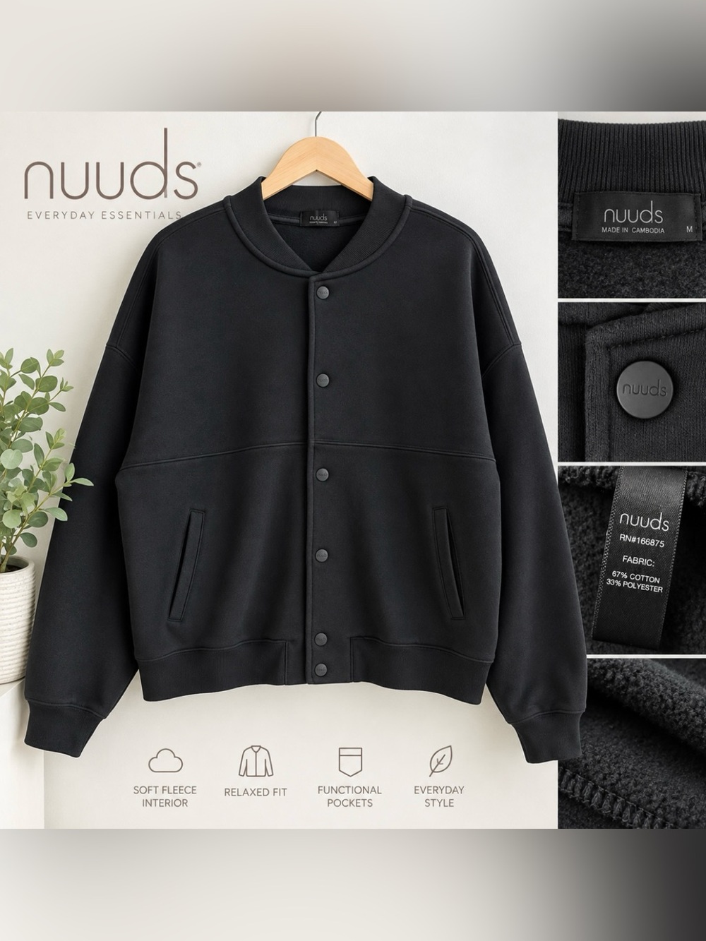 Nuuds Black Snap-Front Fleece-Lined Bomber Jacket Size Medium